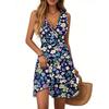 Women's Dress V-neck Sleeveless Casual Floral Print Hem Pleated Dress