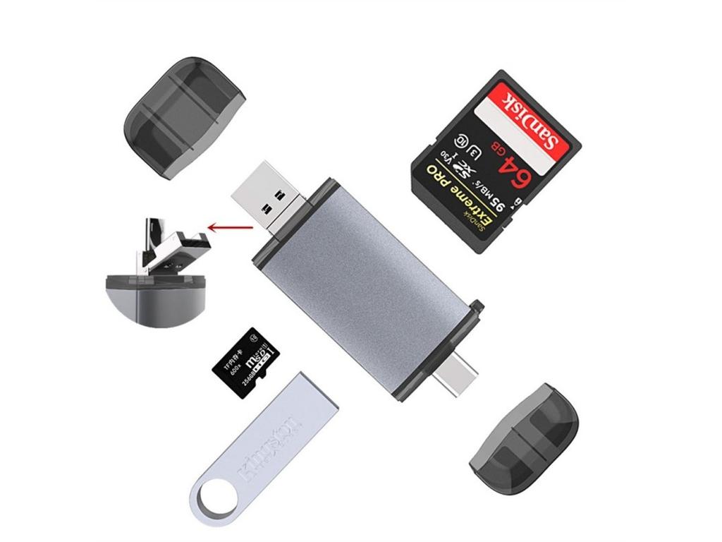 Multifunctional 6-in-1 Type-C OTG Card Reader, SD/TF/USB, Black