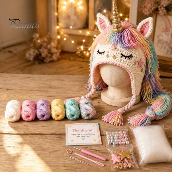 Beginner Friendly Yarn Arts Animal Hat Crochet Kit, Fantasy Hood DIY Cute Craft Gifts for Adults Unicorn Fox Frog Earflap Crafting Kit Teens Halloween