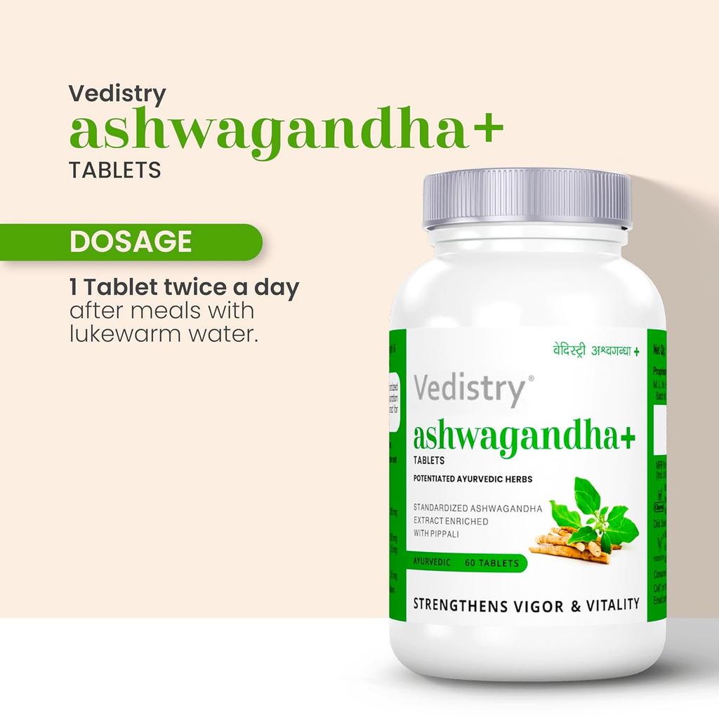 Vedistry Ashwagandha+ Tablets 60 Count X  Pack of 2 – Natural Energy, Stamina & Muscle Strength Supplement