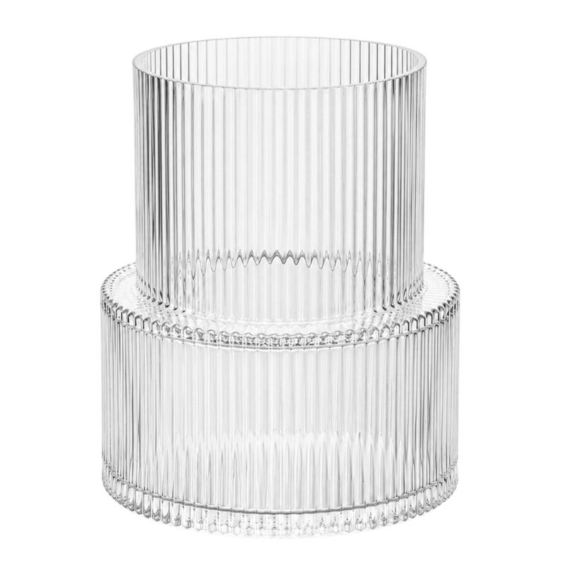 Ribbed Flower Display Jar in Fluted Glass, Indoor Accent Vessel for Cut Flowers, Artificial Bunches, and Desk Placement