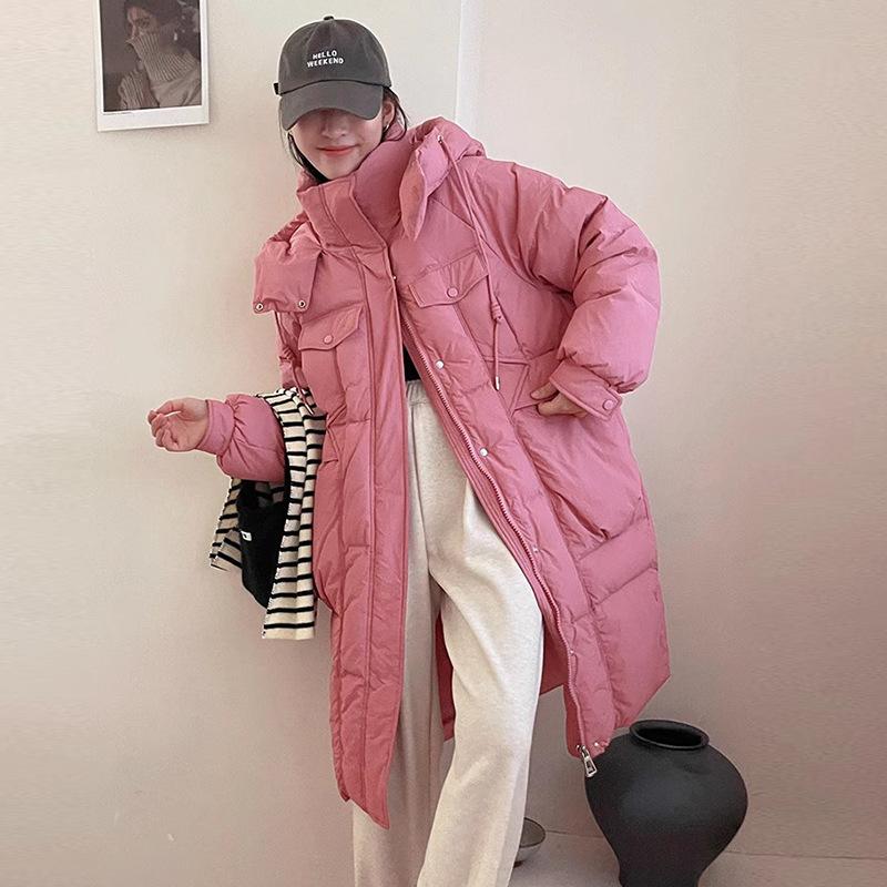 Long White Duck Down Jacket Women's 2025 Winter Fashion Hooded Multi-pocket Thickened and Thin Casual Over-the-knee Jacket