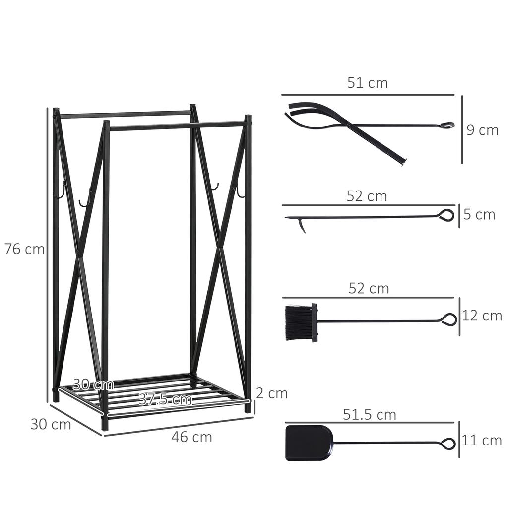 Internal and External Steel Tool Rack with 4 Tools, Wood Door for Stove with Tool Holder, Shovel, Brush and Pliers, 46x30x76cm, Black