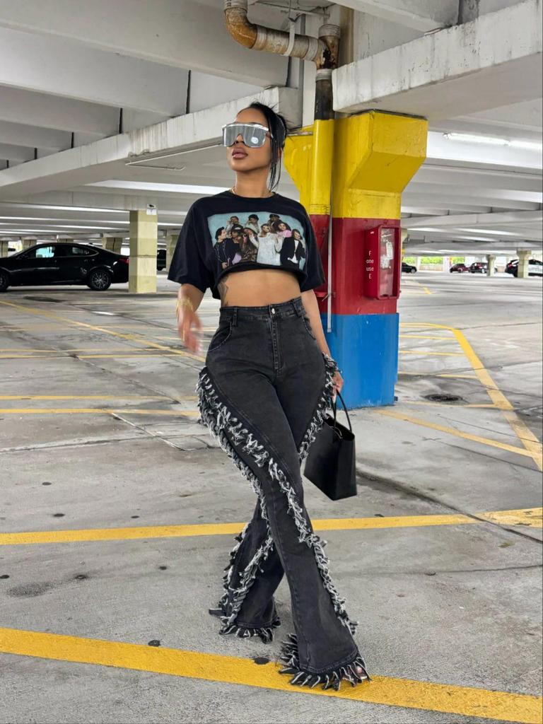 Women's Tassel Raw Hem Slim Flare Denim Pants