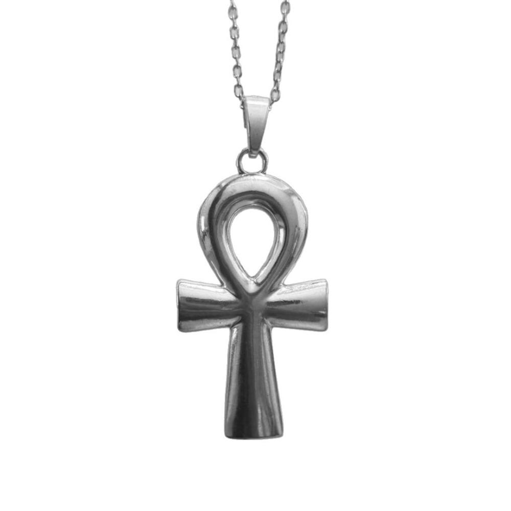 Retro Sliver Color Ancient Egyptian Symbol of Life Ankh Cross 80x42mm Large Pendant Necklace for Women Men Halloween Jewelry