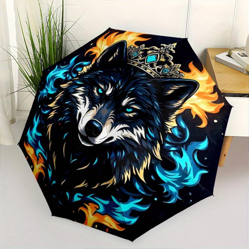 1pc Flame-Crowned Wolf Automatic Opening and Closing Folding - A Good Choice for Gifts, Fashionable and Convenient Umbrella With Cute Cartoon Cha