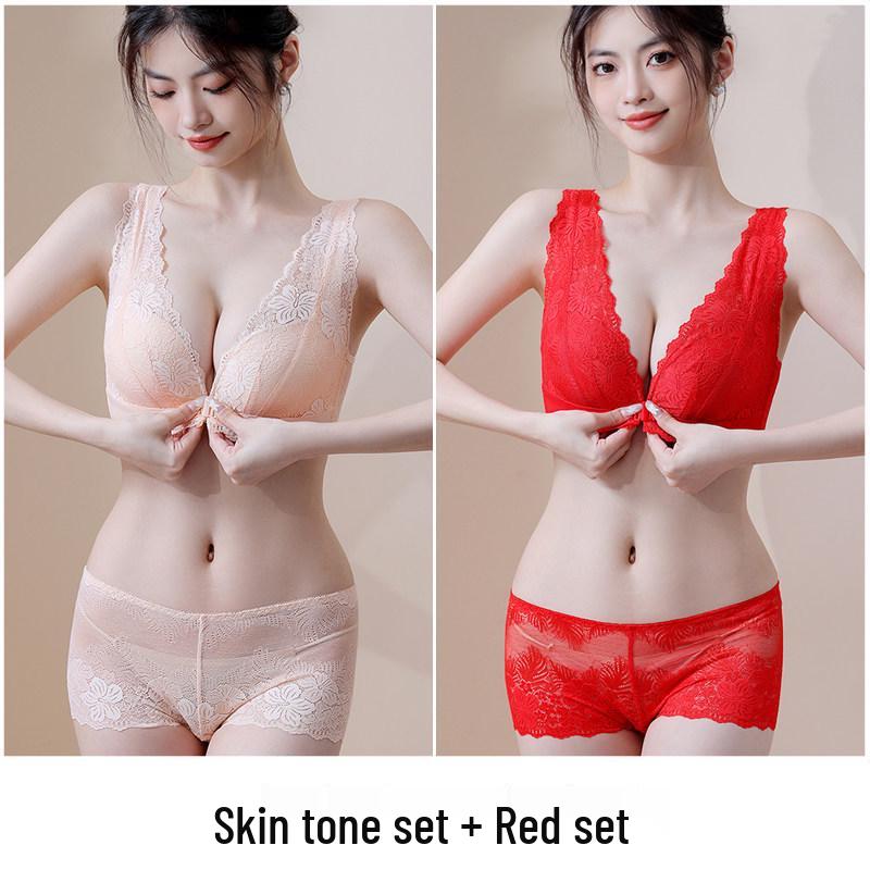 Red Year of the Rabbit Push-up Bra Set: Small Bust, Anti-Sag, Side Support, Bridal