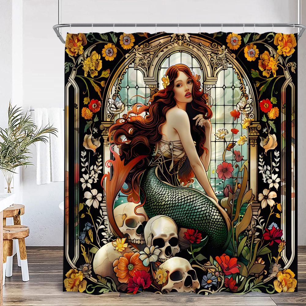 Mermaid Shower Curtain Beautiful Merpeople Scale Flower Beauty Vintage Bath Curtain Woman Girl Polyester Bath Curtain with Hook