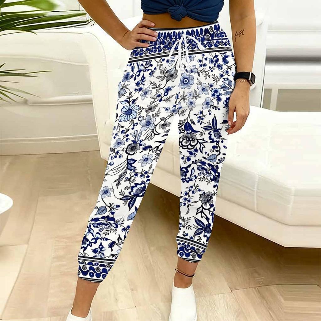 Summer Ladies Blue and White Porcelain Ink Wash Printed Sweatpants Loose Fit Drawstring Joggers Elastic Cuff Daily Casual Pants
