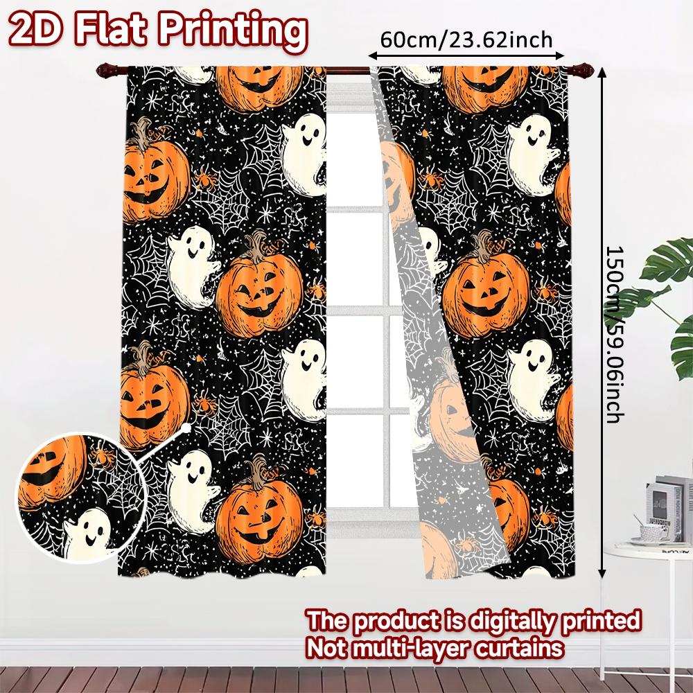 Set Of 2 Flat Printing Curtains Without Rod Halloween Ghosts Pumpkins Women Is Day Festival Popular Drapes Made Polyester