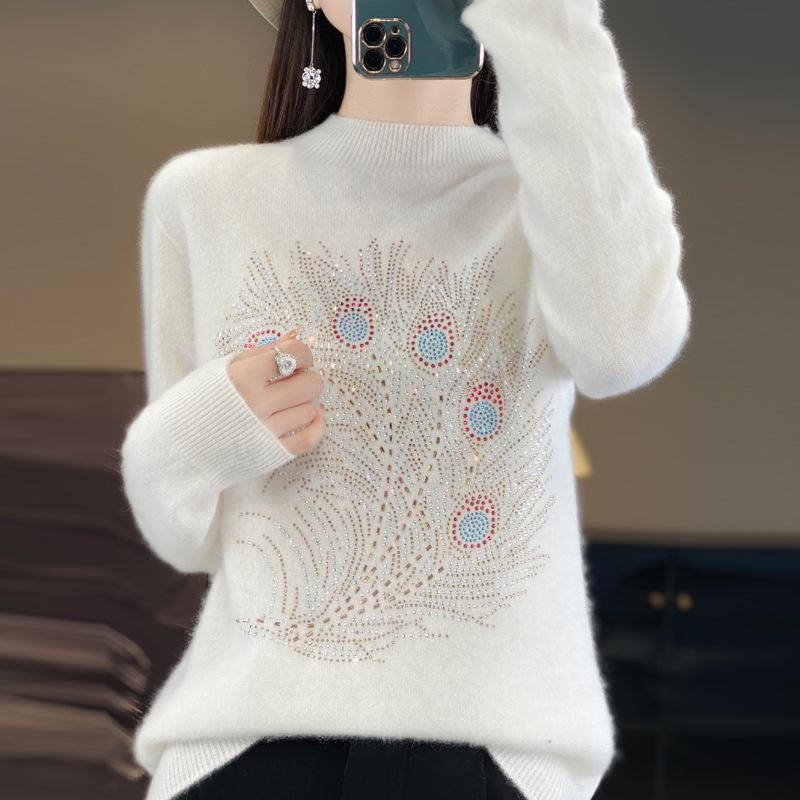 Women's Autumn Rhinestone Semi-High Neck Knitted Pullover Sweater - Loose, Slimming, Fashionable