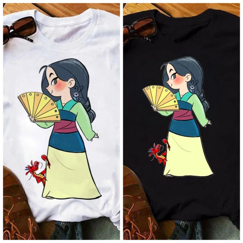 Stil Prinzessin Niedlich Unisex T-Shirt Niedliches Mulan Muster Kurzarm Sommer Bedruckt Schwarzes Oberteil T-Shirt Trendig Kurzarm