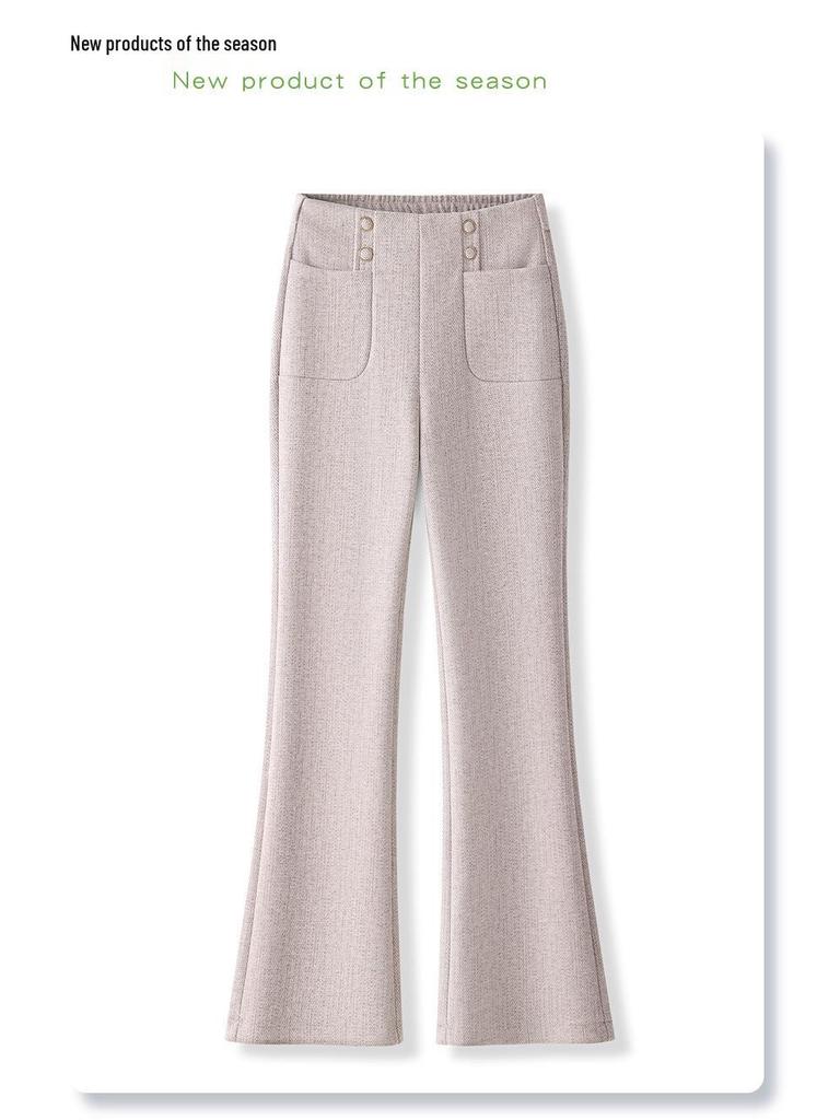 Women's High-Waist Khaki Wool Blend Flared Pants - 2024 Autumn/Winter Style