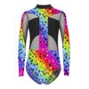 Girls Gymnastics Dance Unitard Jumpsuit Printed Leotard Mesh Patchwork Long Sleeve Bodysuit
