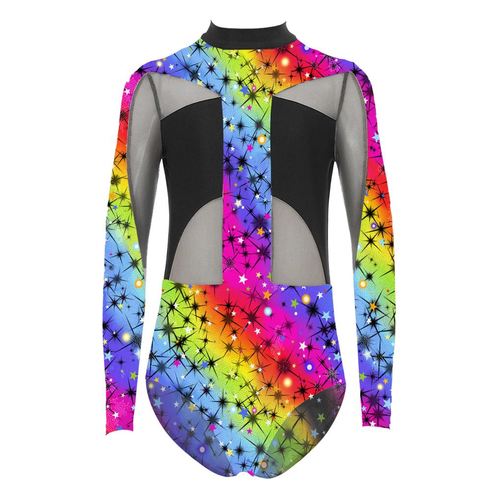 Girls Gymnastics Dance Unitard Jumpsuit Printed Leotard Mesh Patchwork Long Sleeve Bodysuit