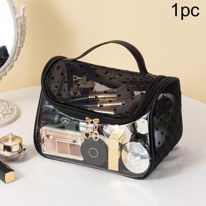 

1pc Large Capacity Heart Mesh Makeup Bag Frosted Transparent Cosmetic Toiletry Organizer Travel Pouch for Office Home or Daily 1pc чёрный