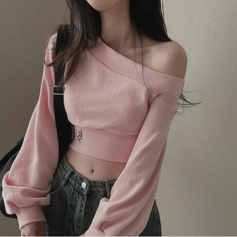 Harajuku Kvinnor Oregelbundna Off Shoulder Huvtröjor Långärmade Sexiga Magtoppar Y2k Streetwear Pullovers Sweatshirt 2024 Höst Vinter