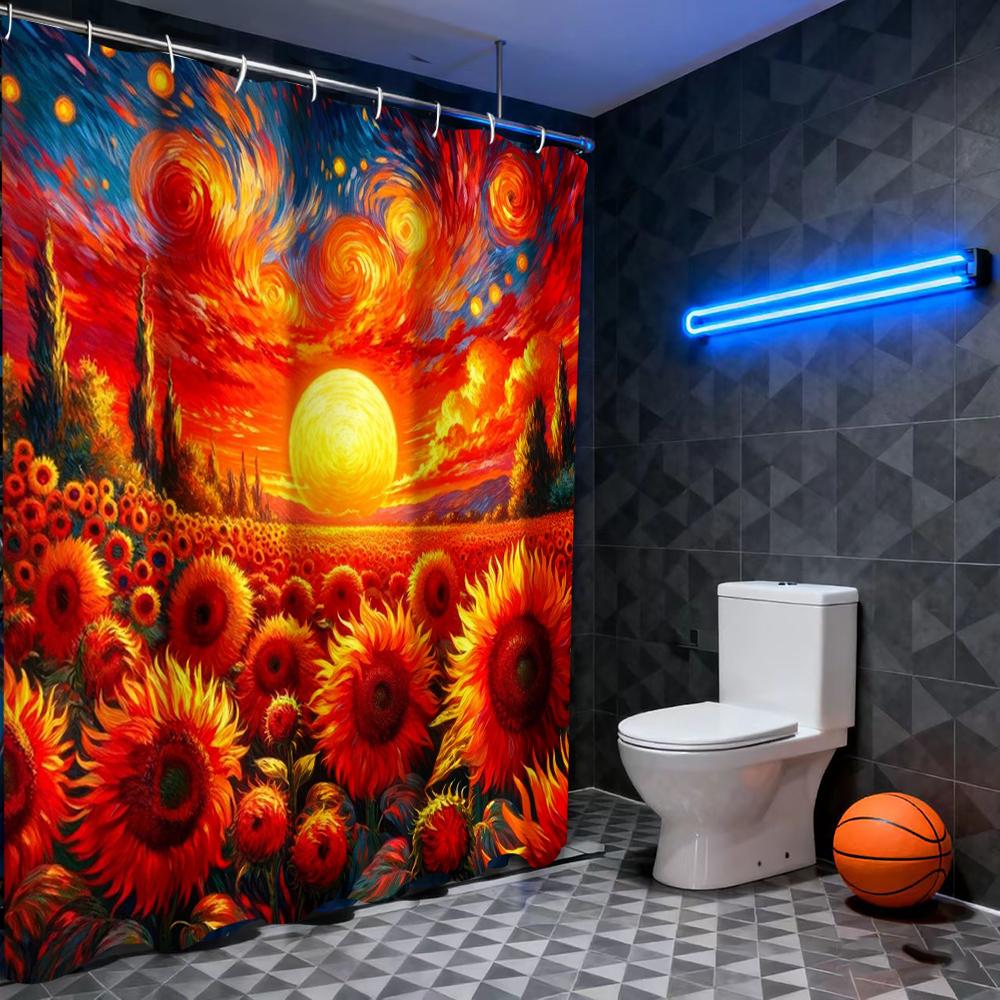 Sunflower Pattern Shower Curtain, Bathroom Shower Waterproof Curtain with 12 Hooks, Fish Shaped Home Decoration, Free Delivery