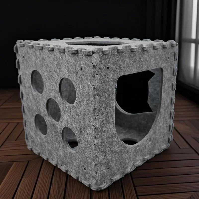 All-Season Wear-Resistant Foldable Cat Bed: Dice-Shaped, Semi-Enclosed, Warm, Detachable, Felt Pet House
