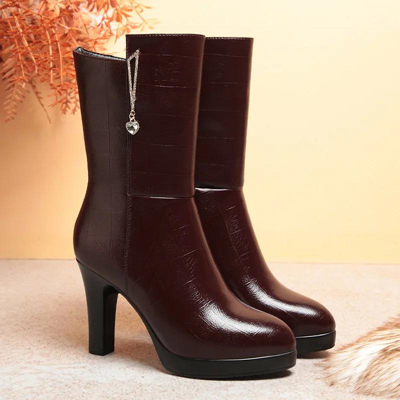 7cm 9cm Fashion Comfortable Soft Leather Boots Platform Shoes Winter  Mid Calf Block High Heels Fur Plush Boots Office Mom