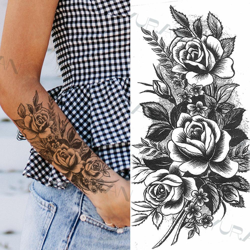 Zwarte Grote Slang Bloem Fake Tattoo Sticker Voor Vrouwen Dot Rose Pioen Tijdelijke Tattoos DIY Water Transfer Tatoos Meisjes