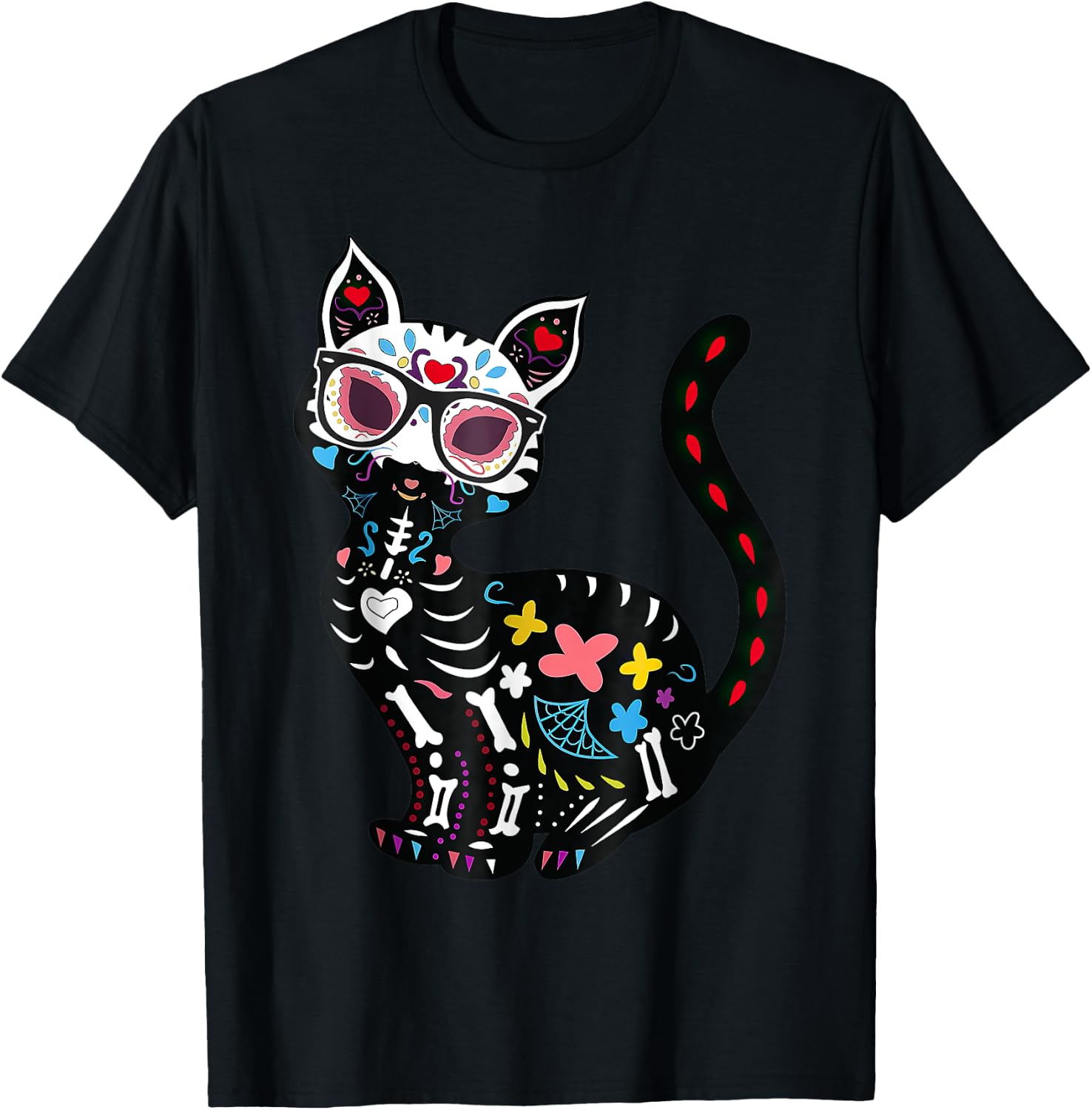 Sugar Skull Mexican Cat Halloween T-Shirt XL
