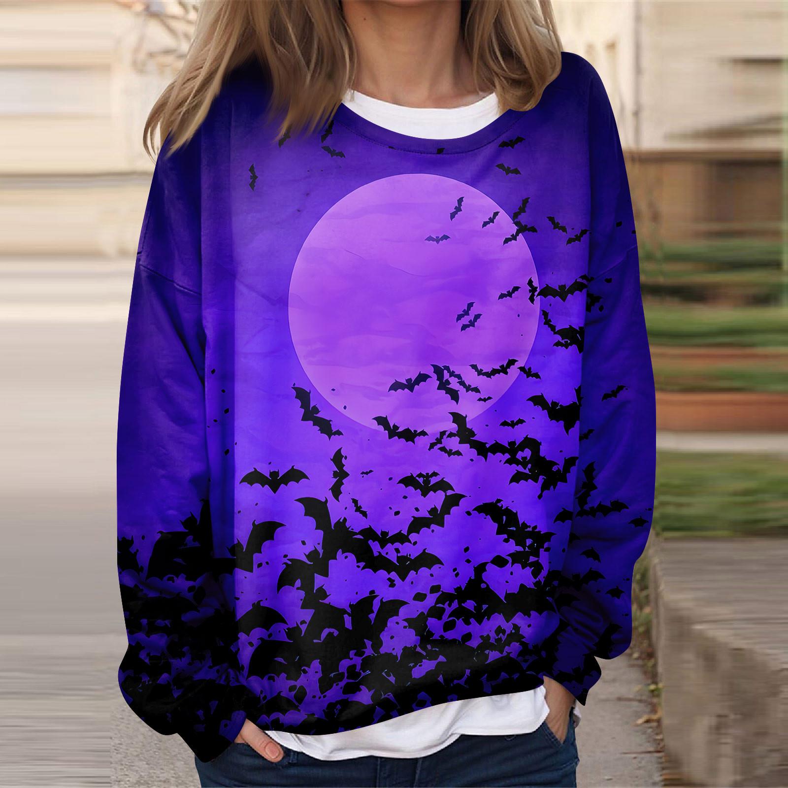 

Женская повседневная мода Хэллоуин принтованный длинный рукав O-образный вырез толстовка многослойный пуловер топ M фиолетовый