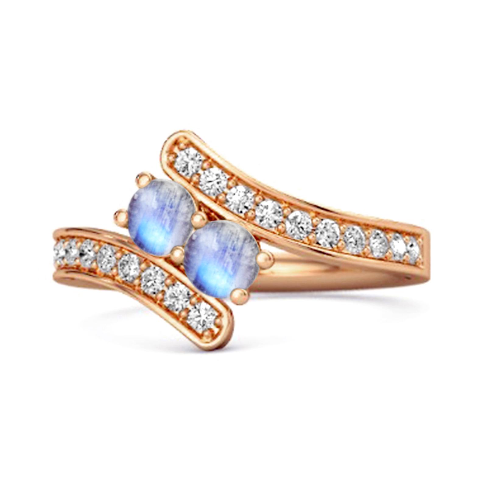 Moonstone Twin Stone Pave Bypass Ring - 925 Sterling Silver Rose Gold Vermeil 10.5