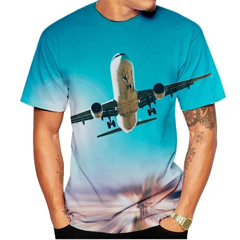 Summer new men's T-shirt 3D printed short sleeved airplane pattern fashion trend round neck