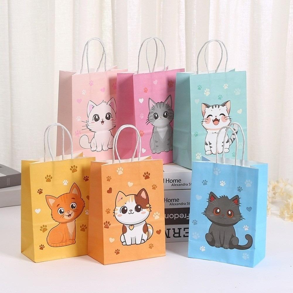 12pcs New Cute Cat Pattern Party Favor Bags 21x15cm Thickened Kitten Goodie Bag with Handle Candy Gifts Bag for Baby Shower