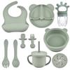 9 delar/set BPA-fri Silikon Baby Matningsset Sugkoppsskål Delad Middagstallrik Mug med Sugrör Sked Gaffel Justerbar Haklapp Barnservis