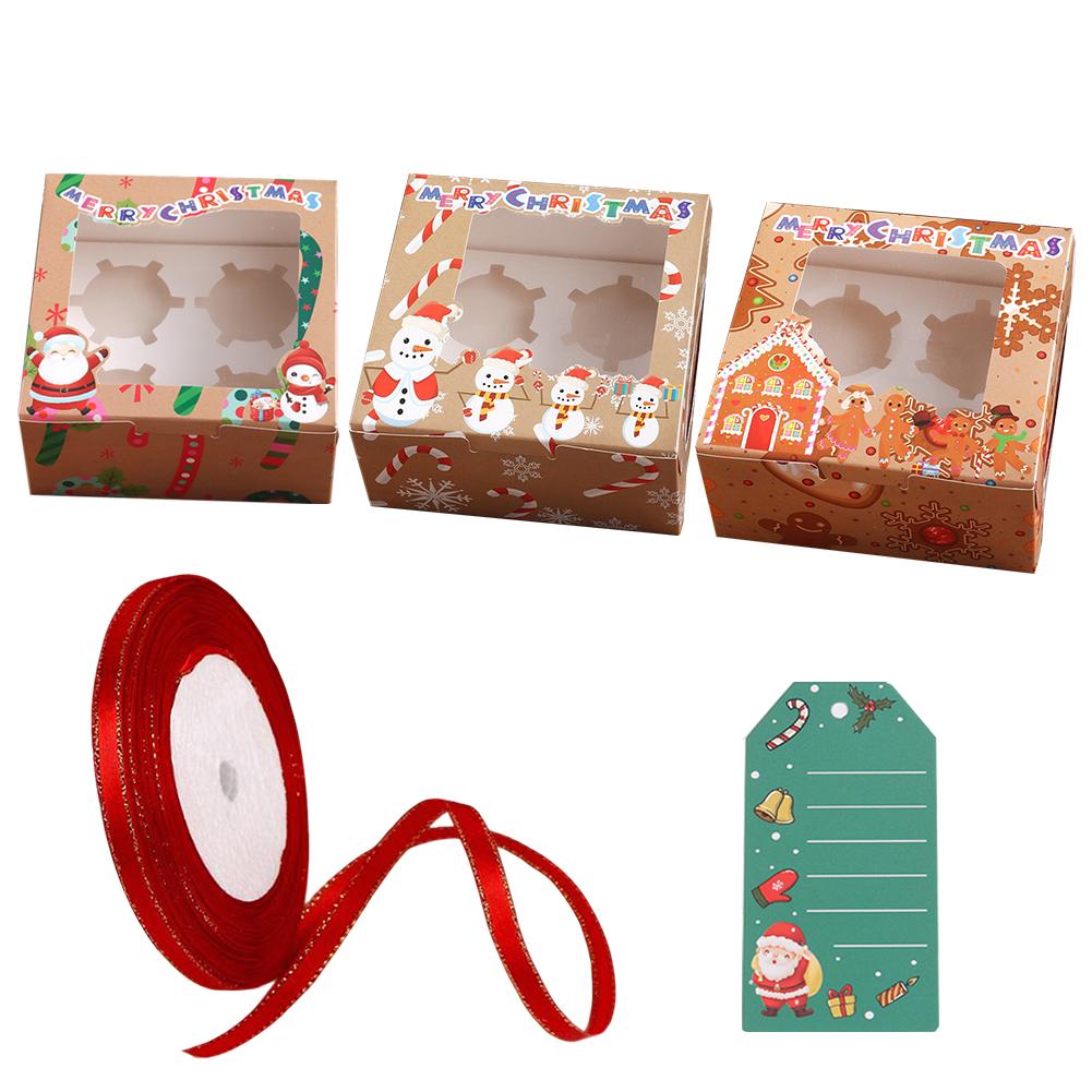 24PCS Lovely Santa Gift Box with Ribbon & Card Clear Window Packaging Box Removable Insert for Party Favors New Year Decorations