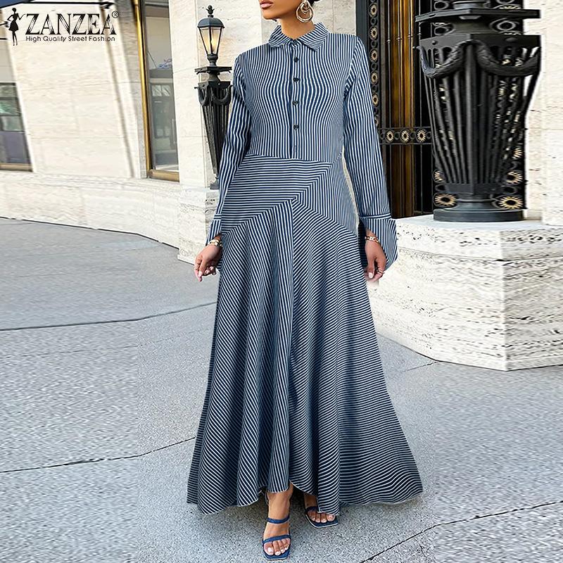 

ZANZEA женское однотонное свободное длинное платье с рюшами и длинными рукавами в полоску и пуговицами