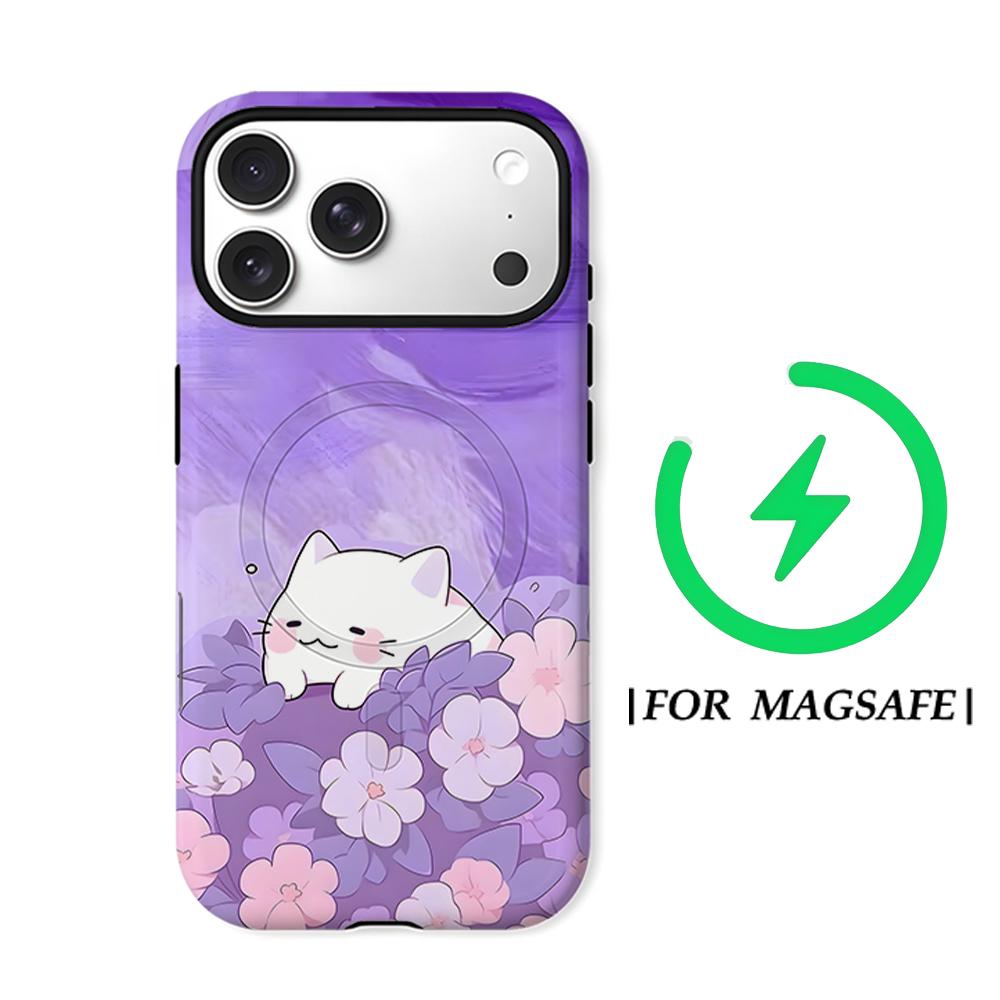 Purple Floral Kitten Phone Case for IPhone 17AIR 16E 16 15 14 13 12 11 17 Pro Max Plus Double-layer Back Cover
