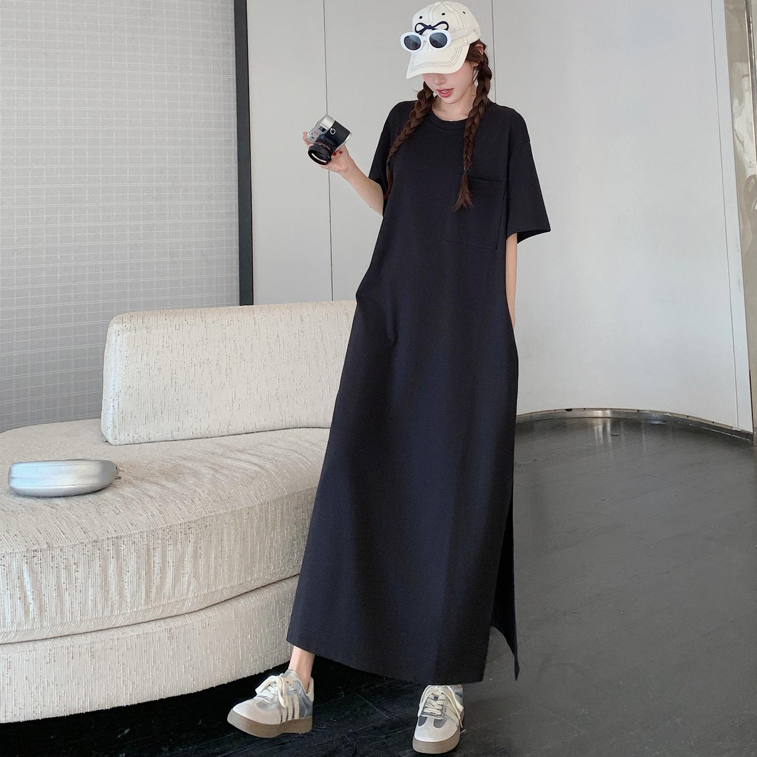 

DIMANAF 2025 Summer Plus Size Dress Women Loose Casual Cotton Long Dress Basic Vintage Solid Short Sleeve Dress 3XL чёрный