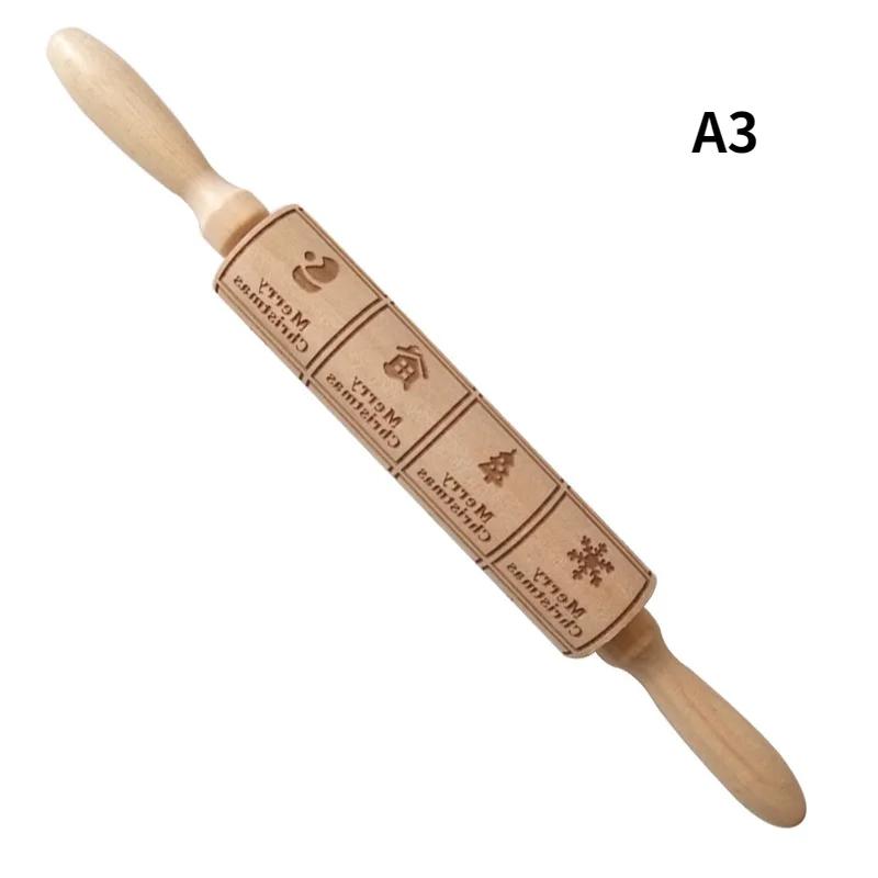 Christmas Elk Pattern Kitchen Supplies Rolling Pin Wooden Laser Carving Roller Embossed Rolling Pin Household Baking Small Tools