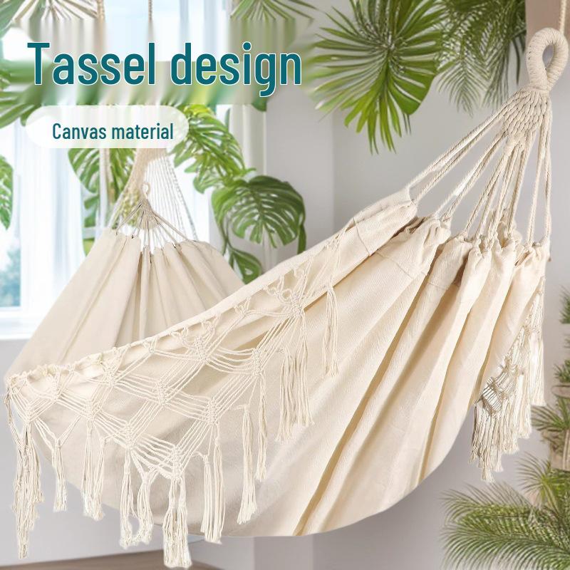 Portable Double Hammock Chair - Curved Bar Canvas Swing with Tassels for Outdoor Camping
