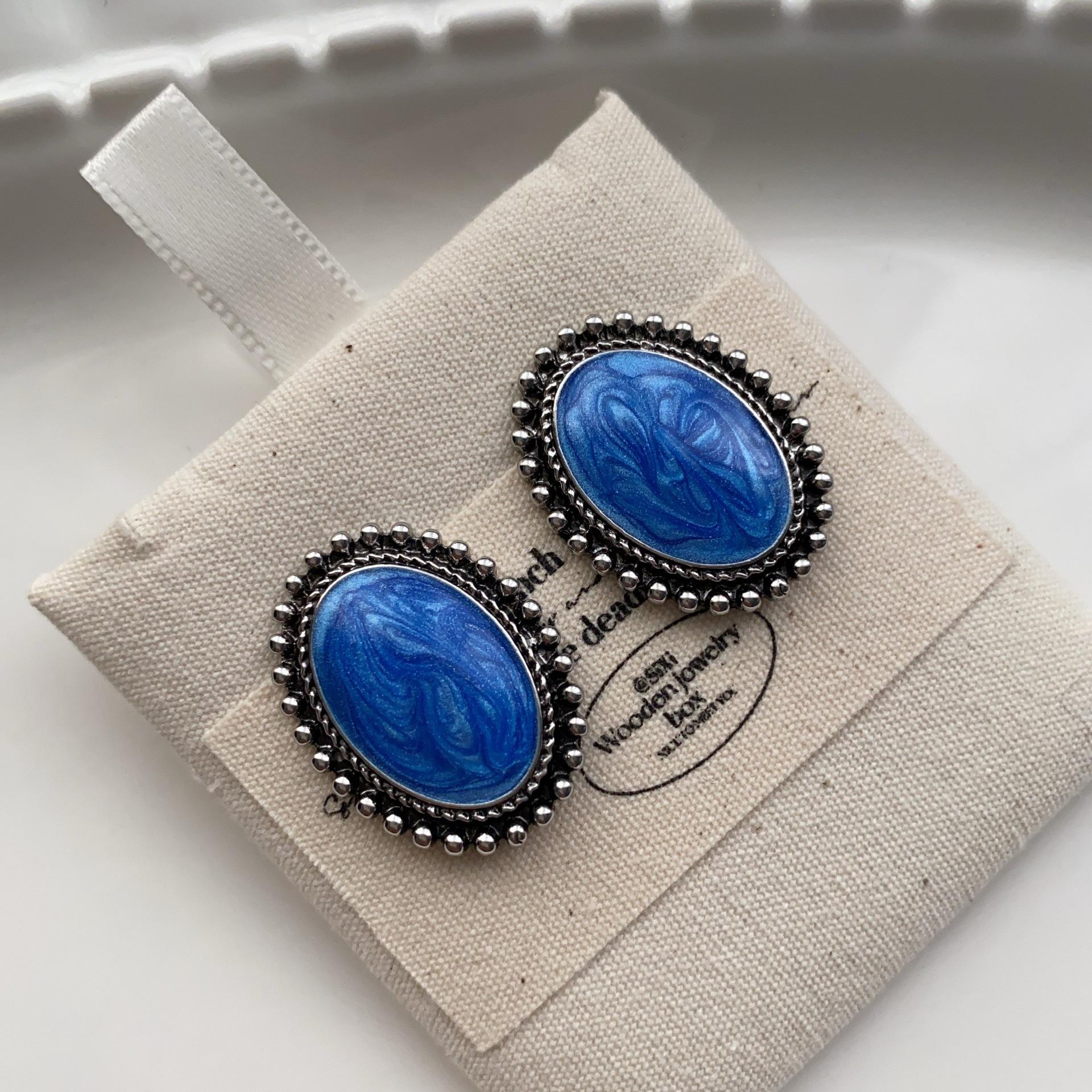 Овальные Синие Текстурные Серьги-Капли Серьги Нишевые Легкая Роскошь Личность Этнический Стиль Изысканные Высокий Темперамент Серьги