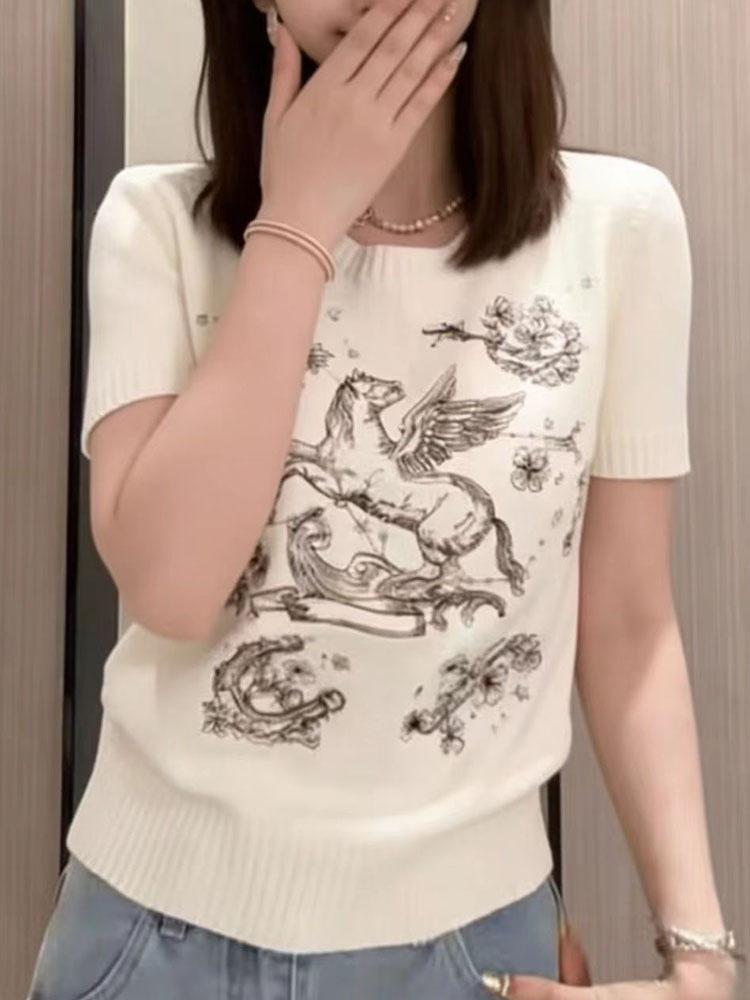 2026 Year of the Horse Embroidered Wool Knit Short Sleeve Sweater - Women's Slim Fit Base Layer for Spring/Summer