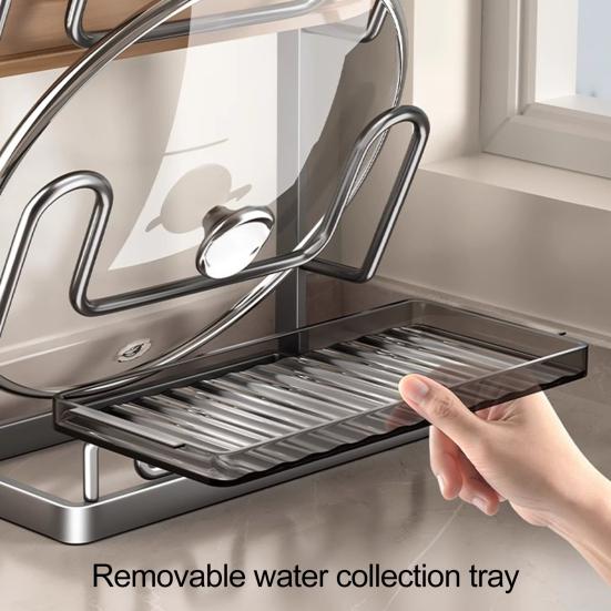 Pot Lid Storage Rack Pot Lid Holder with Spoon Rest While Cooking Carbon Steel Pan Lid Organizer with Removable Drip Tray for Kitchen Cabinets