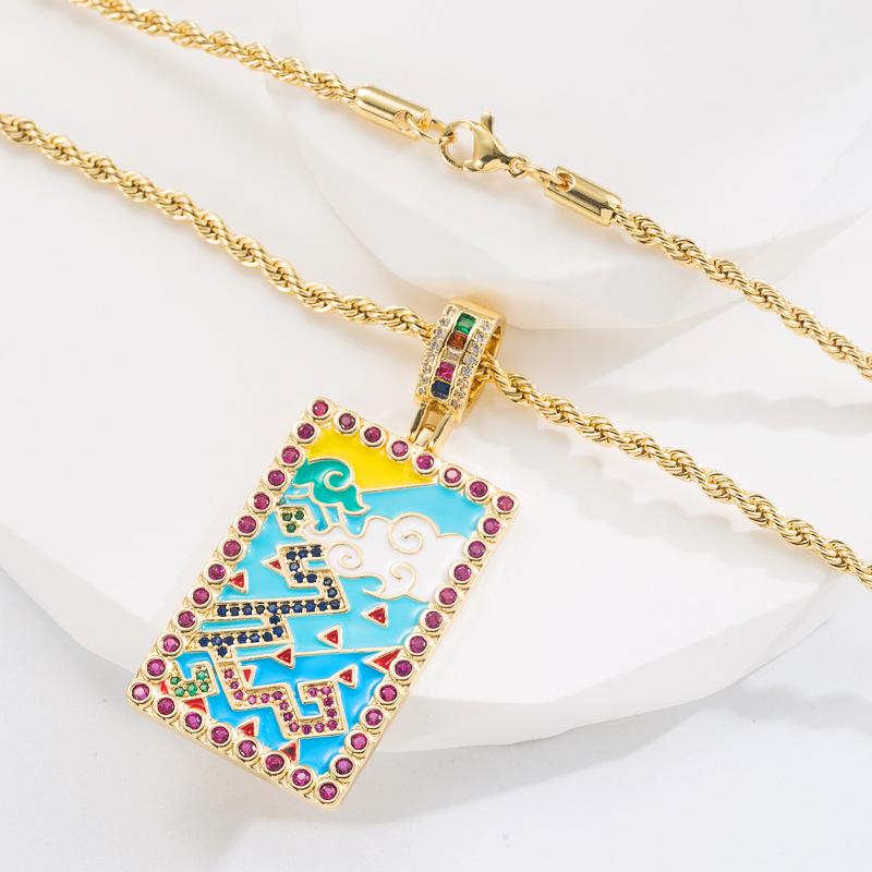 Enamel Drip Oil Geometric Pendant Copper Gold-plated Inlaid Zirconium Popular Same Style Necklace for Women