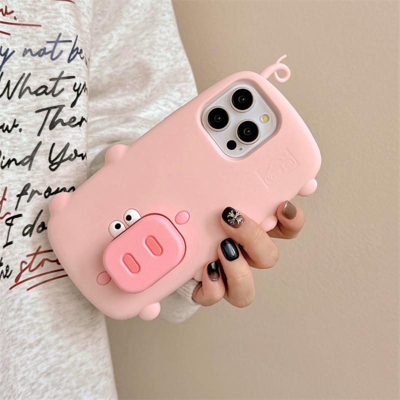 Funny Cute Pink Pig Folding Holder Stand Case For iPhone 16 Pro Max 15 13 14 Soft Silicone Cartoon Phone Back Cover