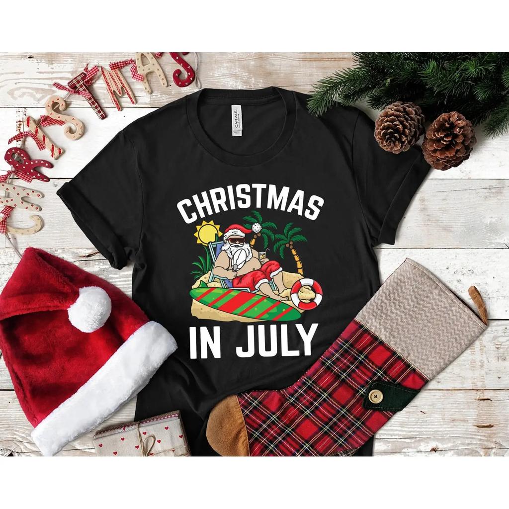 Christmas In July Funny Beach Santa T Shirt Summer Xmas Holiday Casual for Kids vintage Washed Top For Everyday Wear
