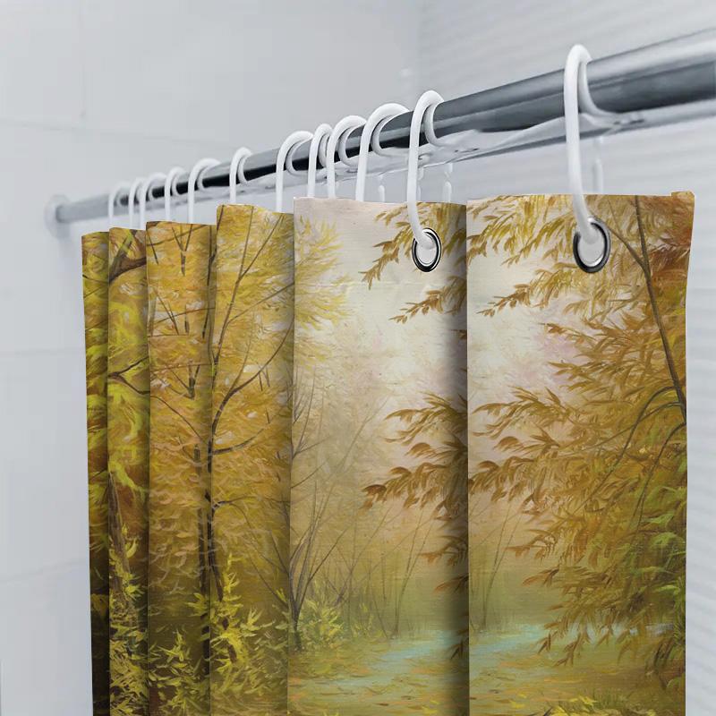 Autumn Gold Leaf Forest Bathing Curtain For Bathroom Decor High Quality Printed Shower Curtain With Wildlife Illustration