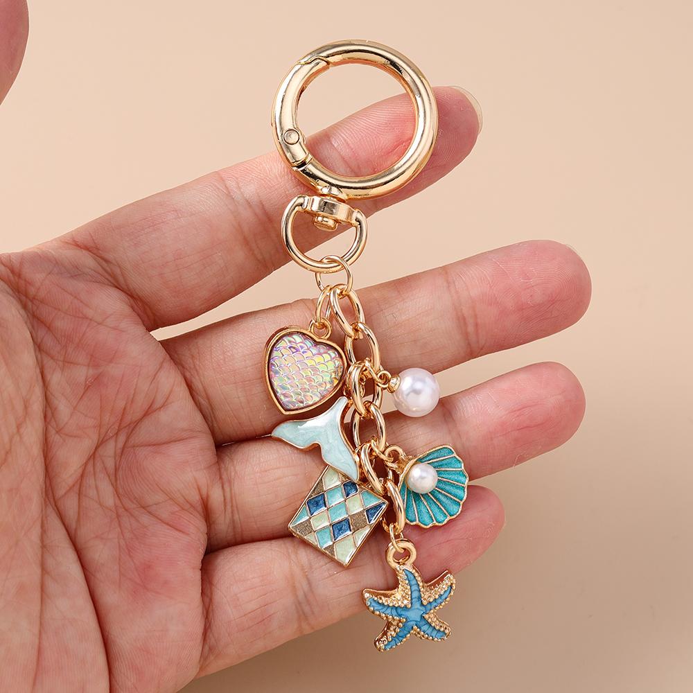 Summer Beach Mermaid Shell Starfish Keychain Women Girls Pearl Love Heart Key Ring Pendants for Handbag Decor DIY Jewelry Gifts