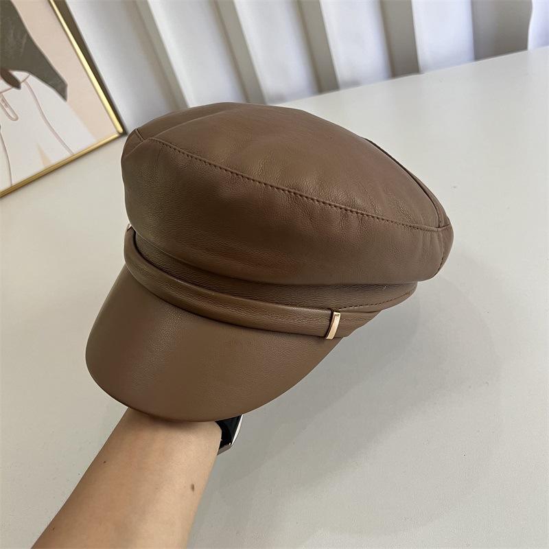New Retro PU Leather Octagonal Hat Children's Spring and Autumn Literary Temperament Versatile Flat Top Face Small Navy Hat