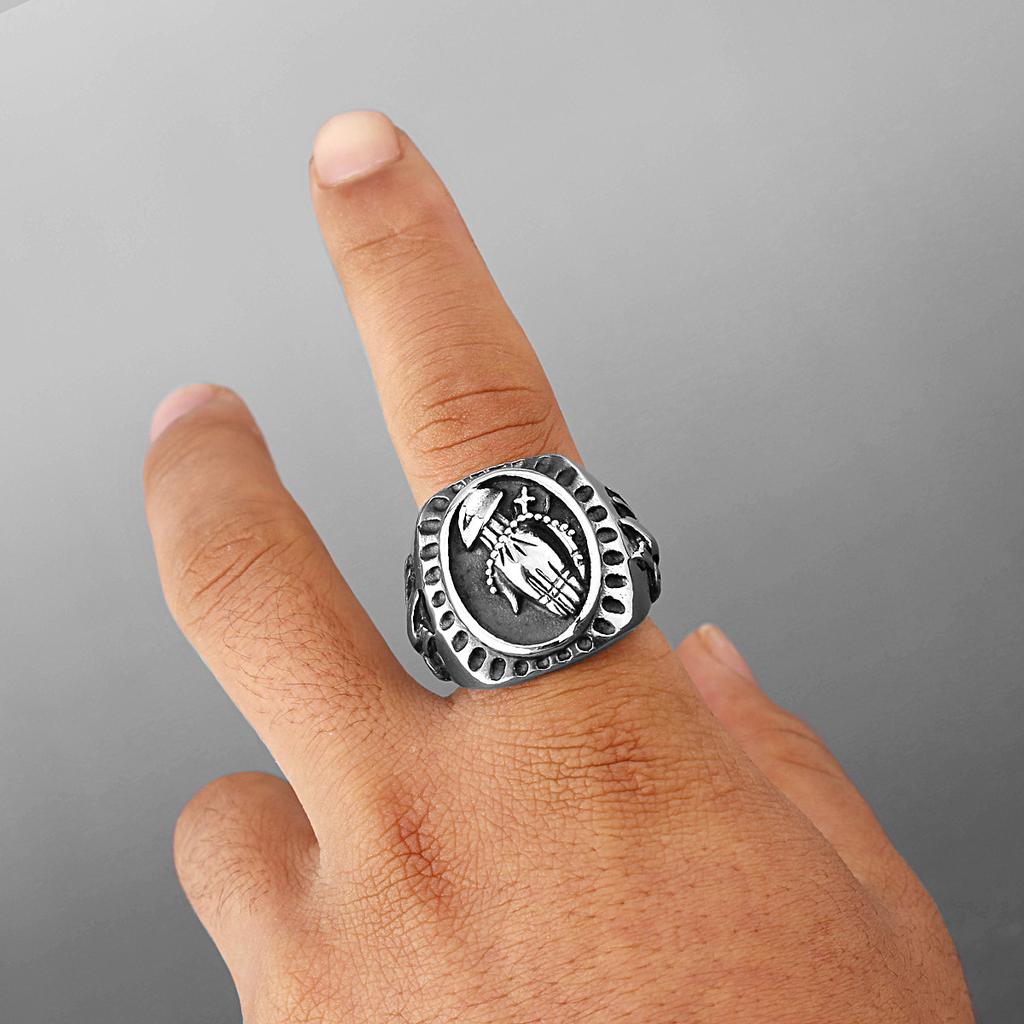 Retro Praying Hands Large Ring For Men Stainless Steel Ring Punk Gothic Hiphop Accessories Christian Gift For Family