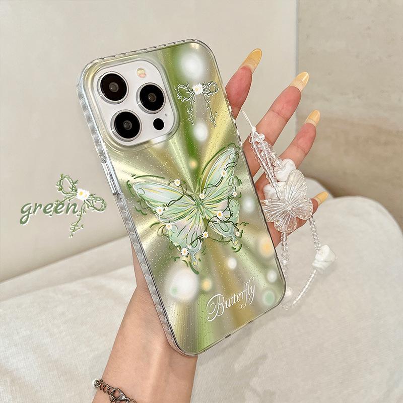 Niche Aurora Summer Green Butterfly Applicable To Apple 15 Women's IPhone 16 Mobile Case 13 Protective Case 14 Feather Yarn