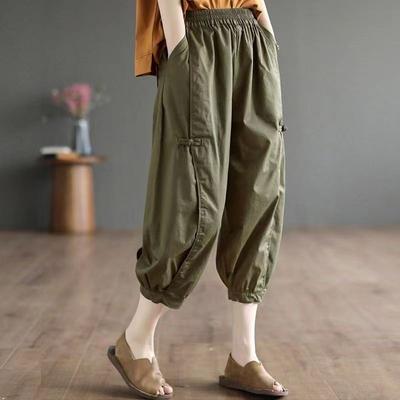 Cotton Seven Points Fashion Bloomers Trousers Women Summer Thin Elastic High Waist Pockets Casual Harem Pants