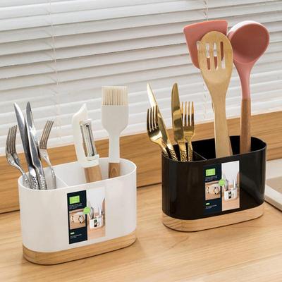 Kitchen Tableware Storage Bucket Utensil Holder Cutlery Drainer Plastic Chopstick Spoon Storage Rack with Wooden Base